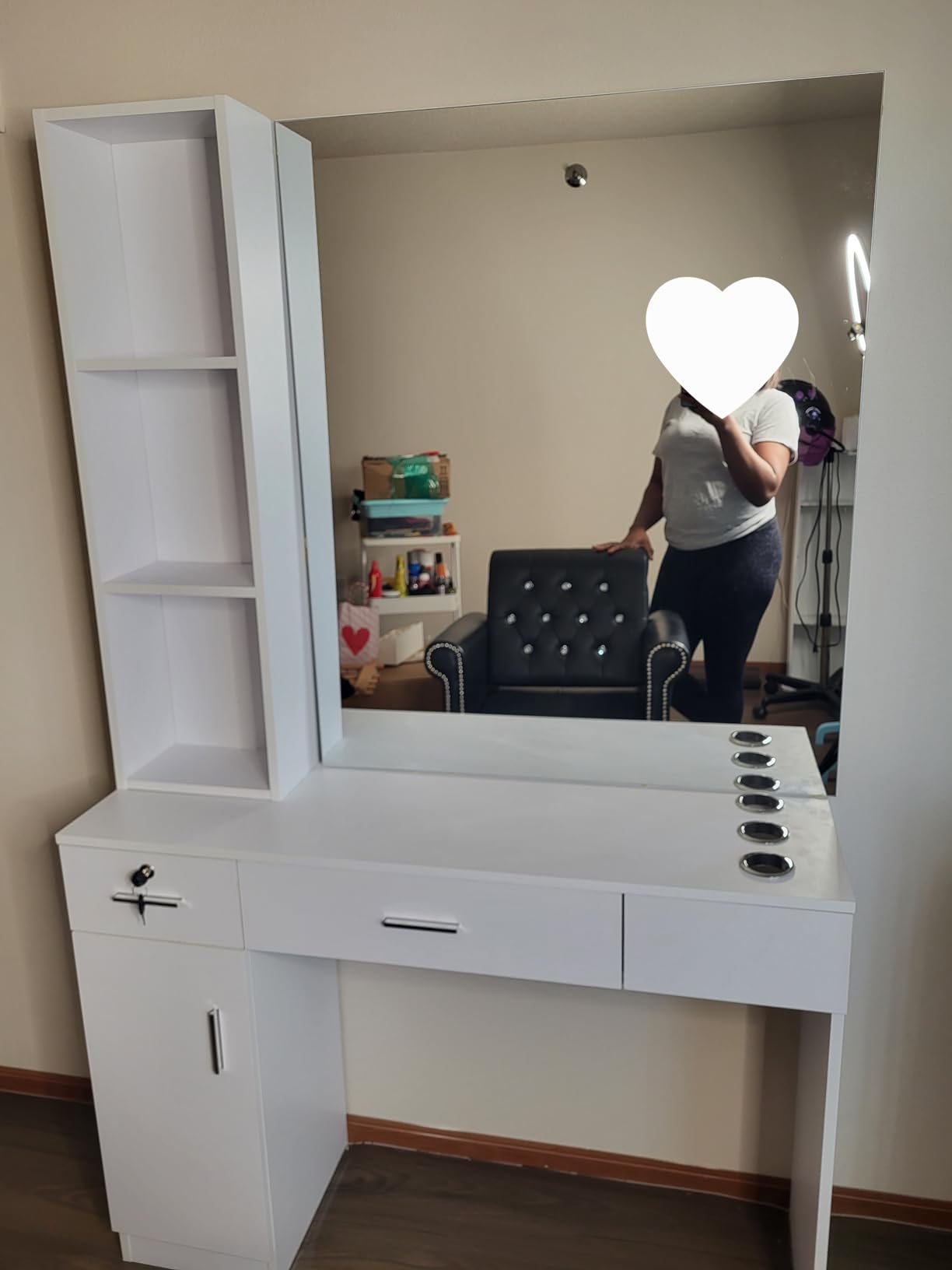 OmySalon Barber Station with Mirror, Hair Salon Station for Hair Stylist, Wall Mount Salon Beauty Spa Equipment with 3 Hair Dryer Holders & Open Shelves, 2 Drawers, 1 Storage Cabinet, Black customer photo 2