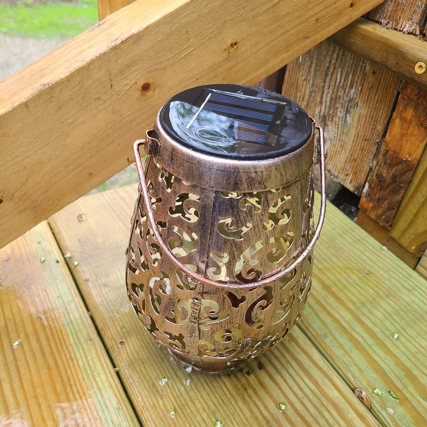 JOIEDOMI 2 Pack Outdoor Solar Hanging Lantern Lights, Waterproof Tabletop with Handle, LED Moroccan Lanterns, Metal Decorative Garden Solar Lights Spring for Patio, Lawn, Porch, Backyard customer photo 2
