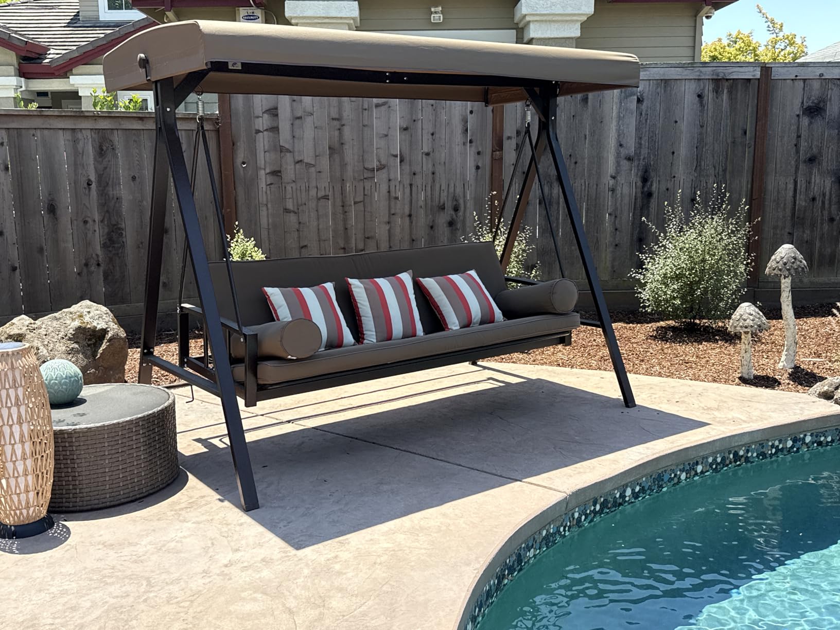 PURPLE LEAF Swing Bed Outdoor Swing 3-Seat W/Cushion Adjustable, Beige | Convertible Swing Bed, Heavy Duty for Adults, Cushion and Pillows Included, 750 lbs Family Capacity, Deep Comfort Seating customer photo 1