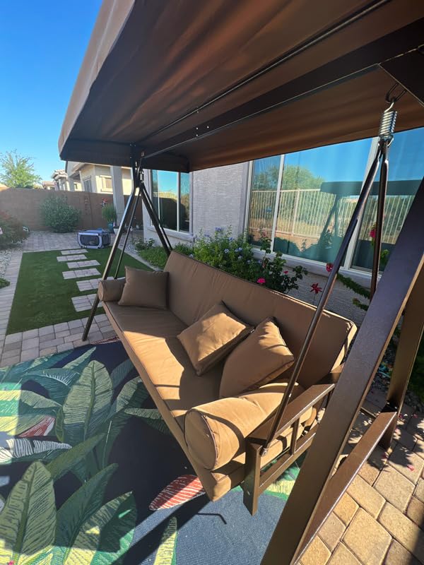 PURPLE LEAF Swing Bed Outdoor Swing 3-Seat W/Cushion Adjustable, Beige | Convertible Swing Bed, Heavy Duty for Adults, Cushion and Pillows Included, 750 lbs Family Capacity, Deep Comfort Seating customer photo 2