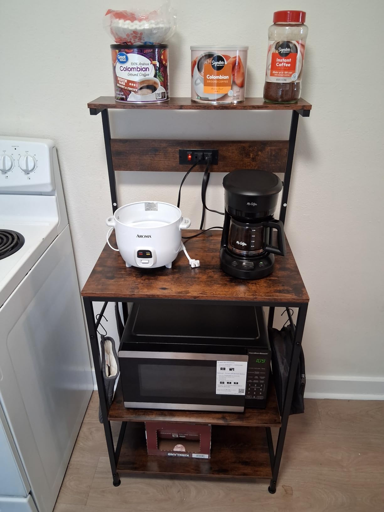 SUPERJARE Kitchen Bakers Rack with Power Outlet, Coffee Bar Table 4 Tiers, Kitchen Microwave Stand with 6 S-shaped Hooks, Storage Shelf Rack for Spices, Pots and Pans - Rustic Brown customer photo 2