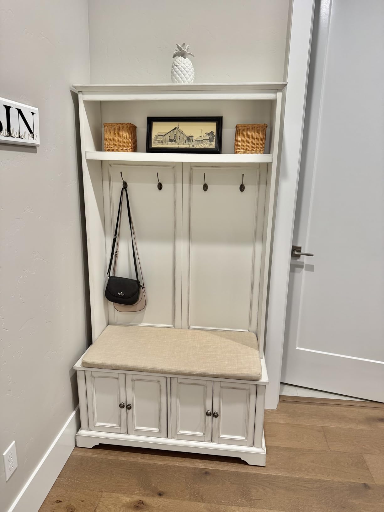 Crosley Furniture Holbrook Hall Tree with Shoe Rack Bench and Coat Hooks for Hanging Storage, Distressed Seafoam Blue customer photo 1