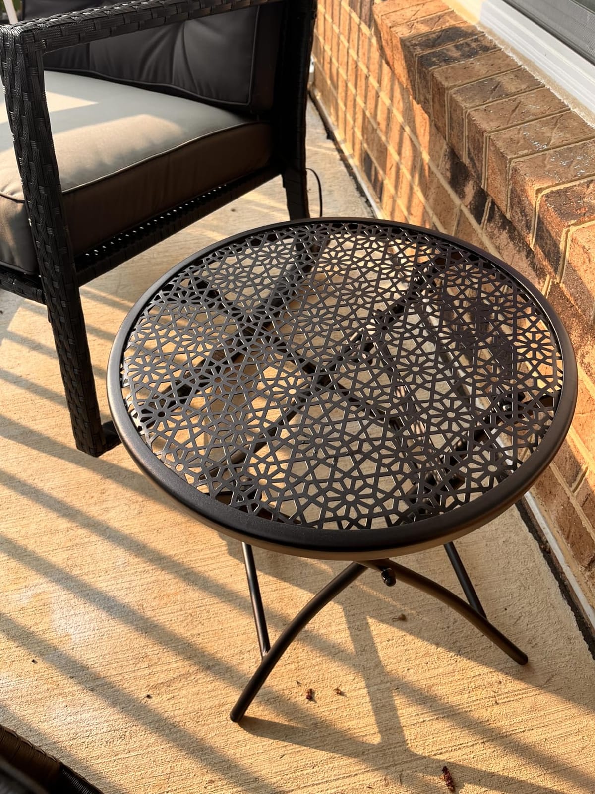 TeoKJ Folding Small Outdoor Side Table, No Assembly Patio Metal Desk, Black | Metal Round Anti Rust Patio Table, Small Nightstand with Flower Cutouts, for Porch Yard, Balcony, Lawn, Pool, Lightweight customer photo 1