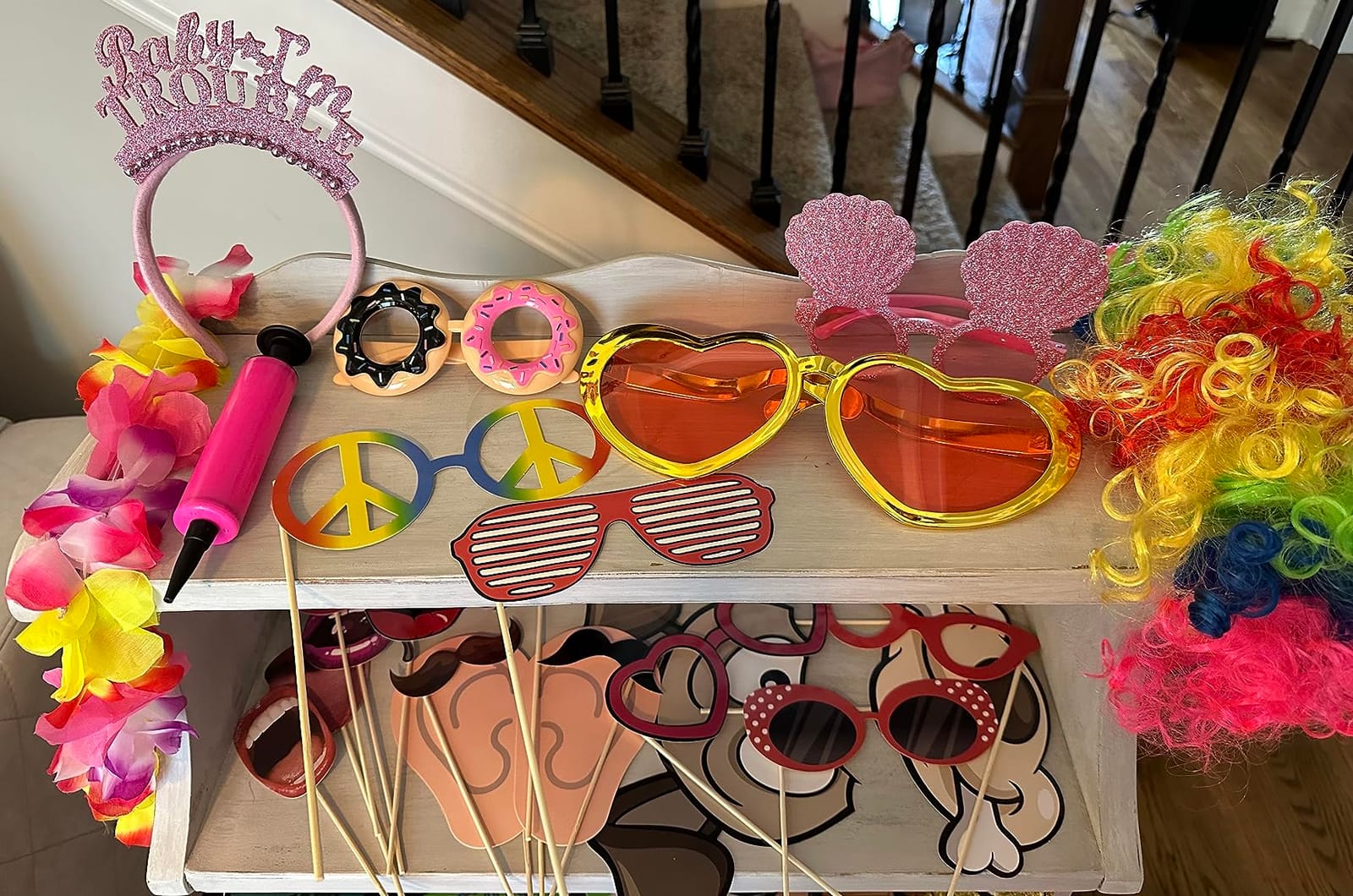 SOUL SHIFT 70 Pc Large Premium Photo Booth Props Set for All Occasions - Wedding Props, Birthday Props, Graduation Prop, Inflatables, Large Glasses, Multi-Colored Wig, Hawaiian Lei, Hand Pump customer photo 1