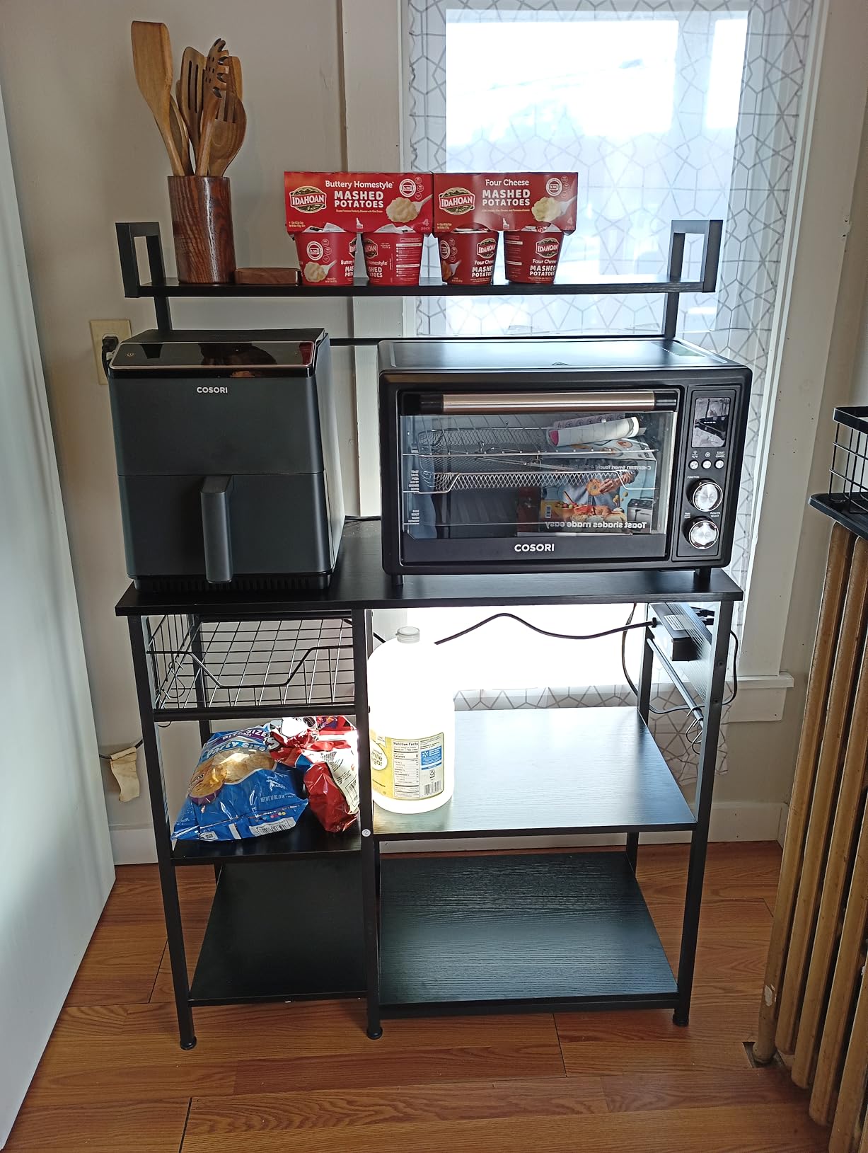 HOOBRO Bakers Rack with Power Outlet, 35.4 Inches Coffee Bar with Mesh Basket, Microwave Stand with 4 S-Shaped Hooks, Kitchen Bakers Rack with Storage, Easy to Assemble, Rustic Brown BF05HB01 customer photo 2