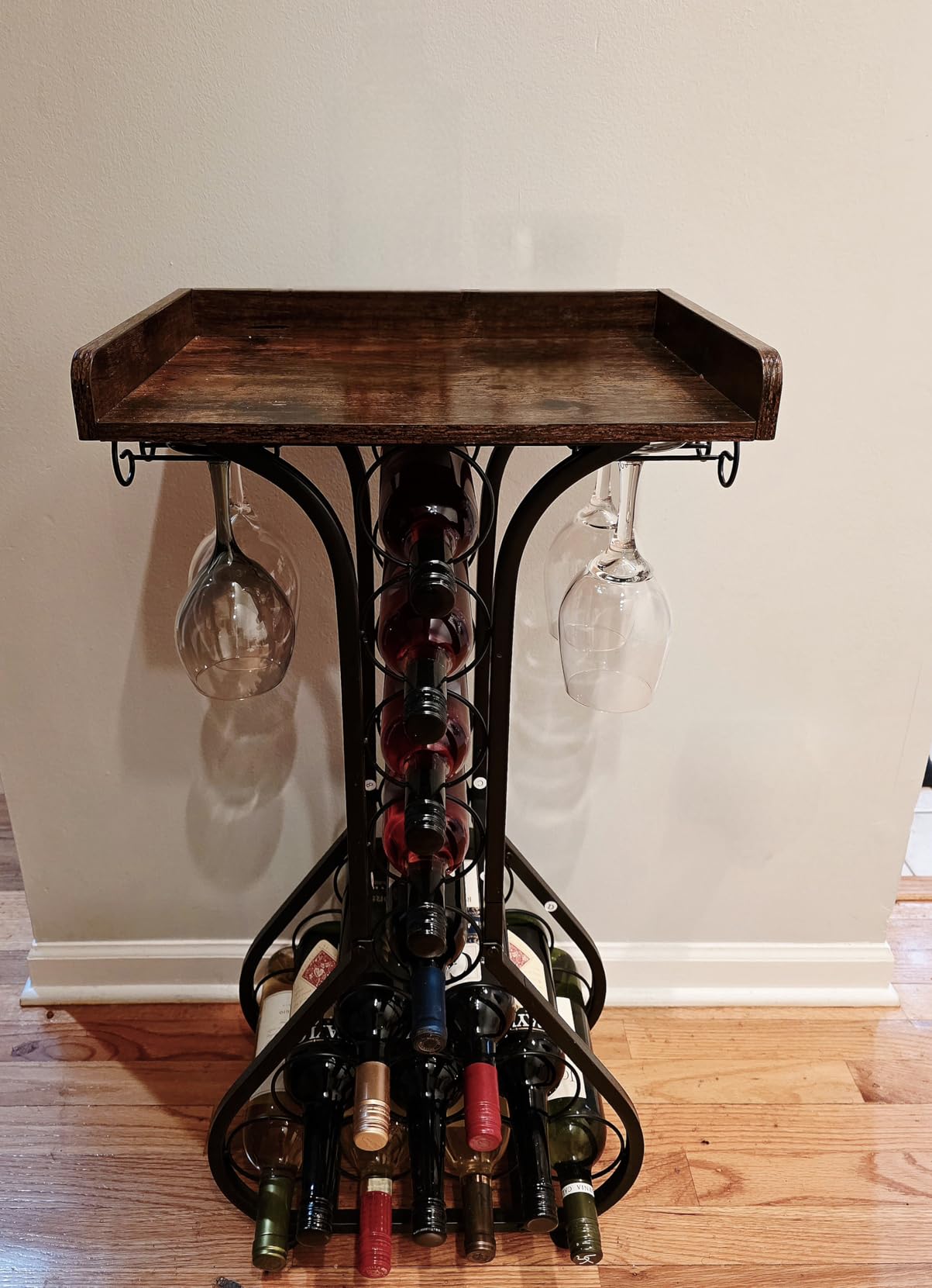 X-cosrack Wine Rack Freestanding Floor, Mini Bar Table Wine Holder Stand Liquor Cabinet with Glass Holder Wood Tabletop 14 Bottles Floor Wine Storage for Home Bar Kitchen Living Room customer photo 2