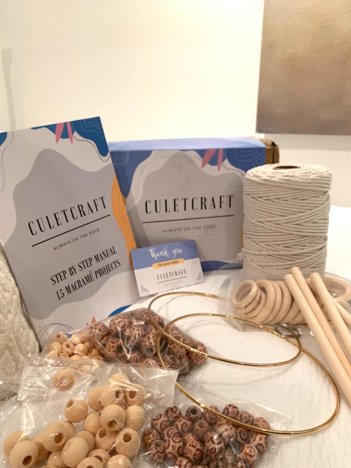 CULETCRAFT Macrame Kit for Beginners 153pc, 15 Projects Book, 164yd Cotton Macrame Cord, Wooden Beads & Sticks, Wooden & Metal Rings, Gift Box, Book & Accessories, Perfect Macrame Starter Kit customer photo 2