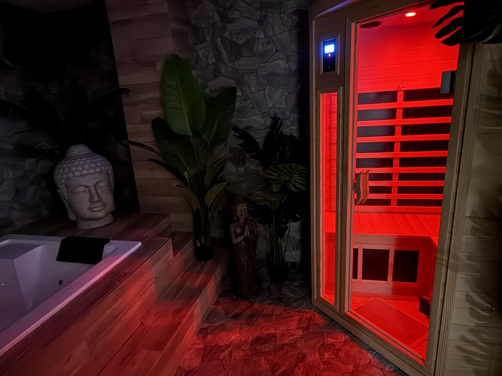 Far Infrared Wooden Sauna Room, 2-3 Person Home Sauna Canadian Hemlock Indoor Corner Sauna Spa, 2 Bluetooth Speakers, 2 LED Reading Lamp, 3 Chromotherapy Lights customer photo 1