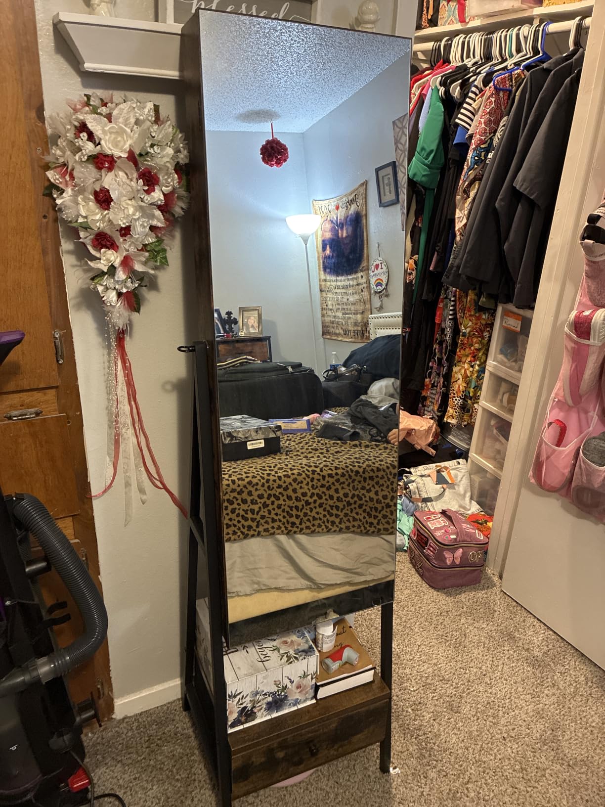 SONGMICS LED Cabinet Standing, Lockable Jewelry Armoire with Full-Length Mirror, Space-Saving Jewelry Organizer with Mirror, Bottom Drawer and Shelf, Rustic Brown UJJC025X01 customer photo 2
