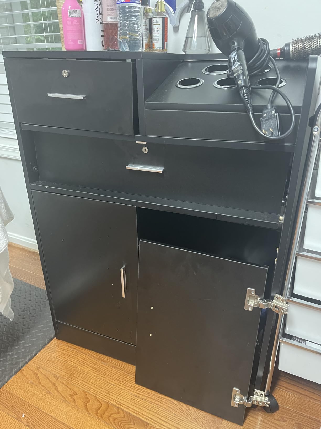 OmySalon Salon Storage Cabinet with Lock, Beauty Barber Salon Styling Station Organizer Equipment, Hair Stylist Station with 5 Hair Dryer Holders, Two Drawers, One Cabinet customer photo 2