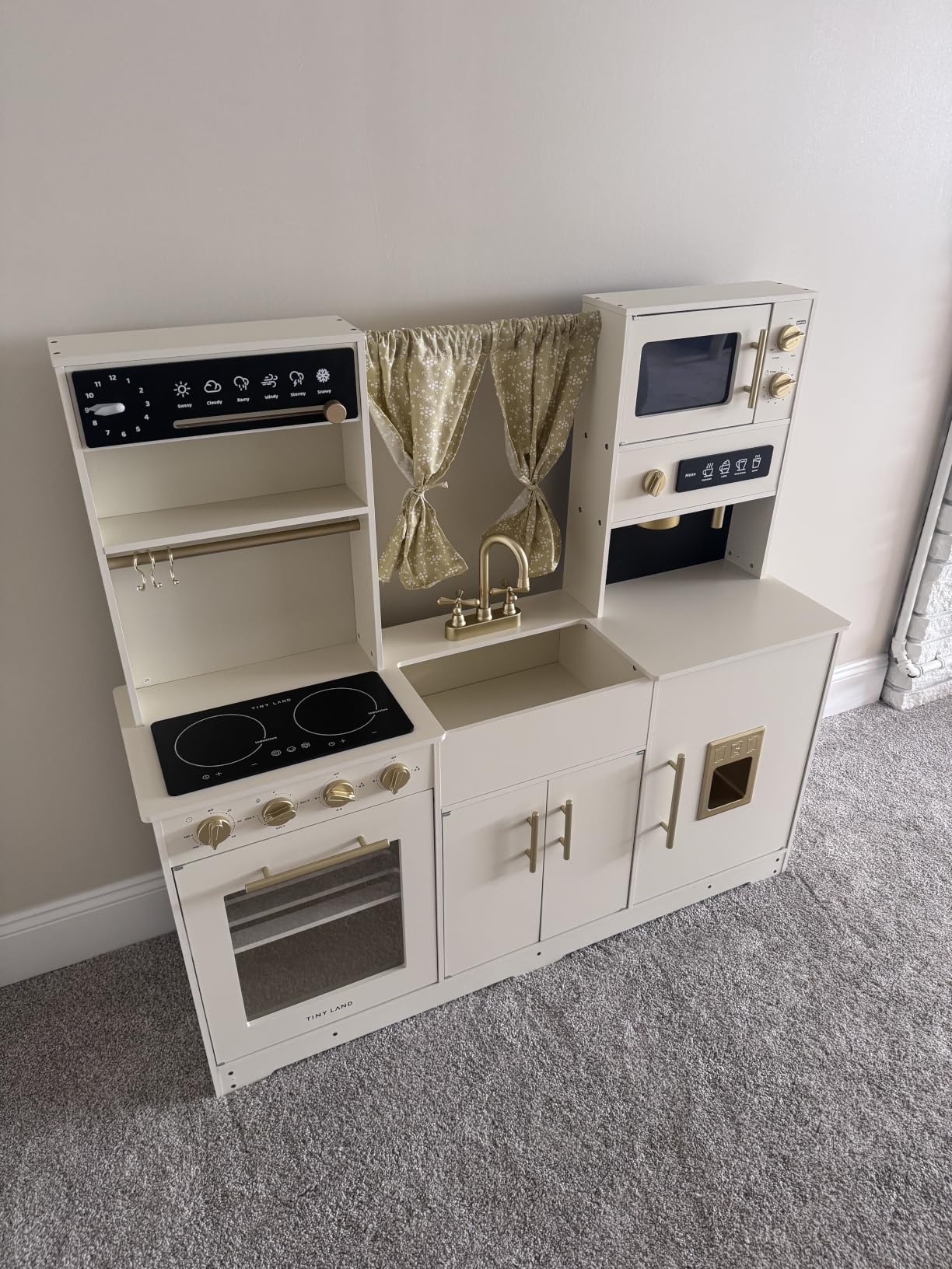 Tiny Land Play Kitchen for Kids - Modern Home Design with Fabric Curtains | Interactive Wooden Kitchen with Coffee Maker & Microwave, Pretend Play Toy, Birthday & Christmas Gift for Boys & Girls customer photo 2