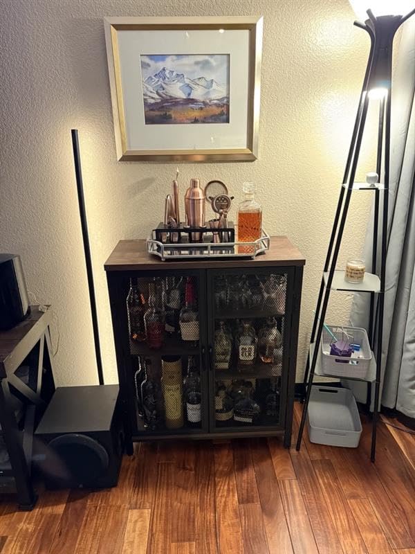BON AUGURE Coffee Bar Cabinet for Liquor, Small Storage Cabinet, Rustic Oak | 2 Doors, Industrail Alcohol Cabinet, Adjustable Shelves, Farmhouse Sideboard Buffet for Home Kitchen, Dining, Living Room customer photo 1