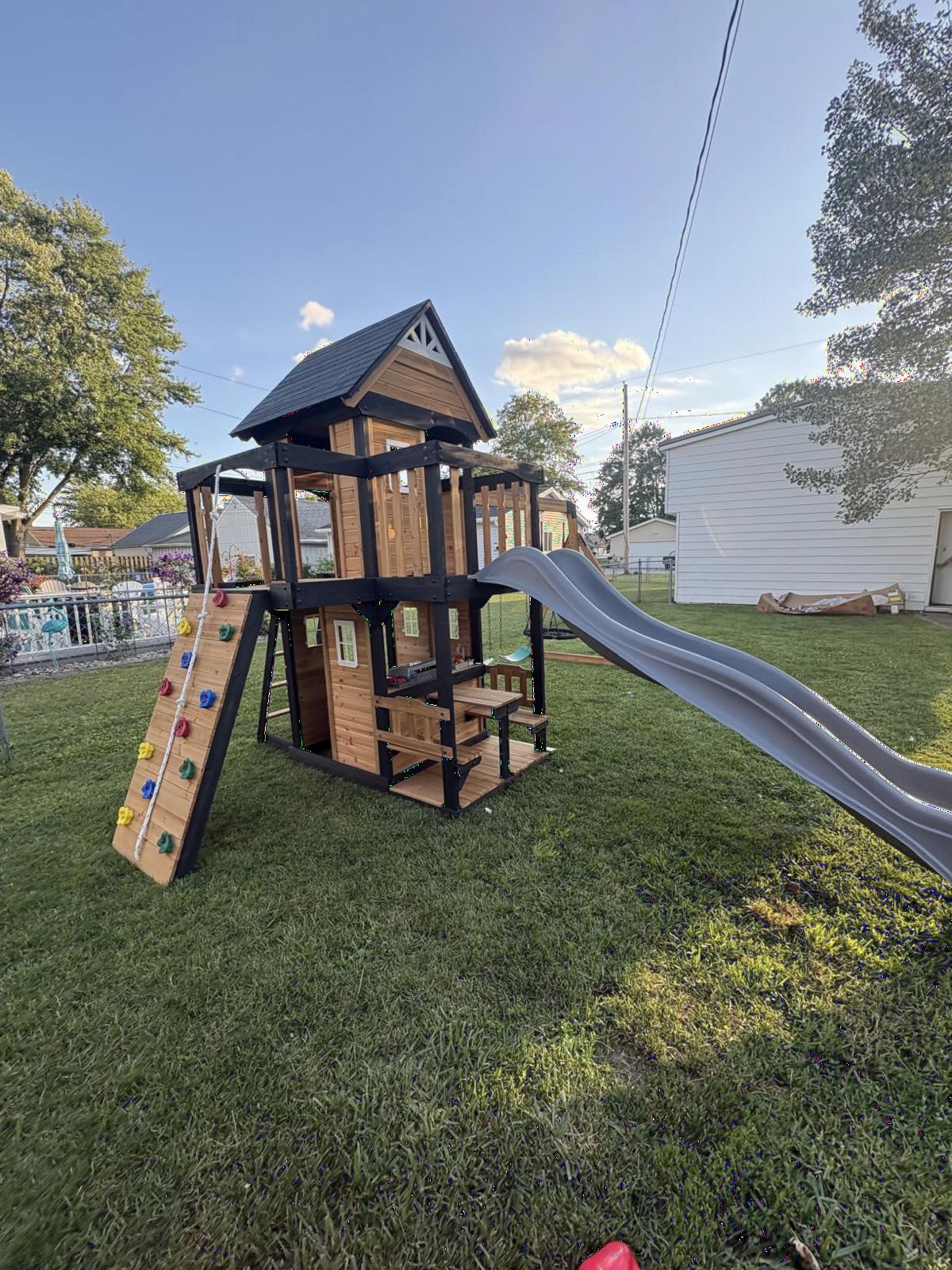 Backyard Discovery Canyon Creek Cedar Wood Swing Set with Wave Slide, Clubhouse, Play Kitchen, Picnic Area, Belt Swings, Web Swing, Rock Wall, Balconies, Playhouse, Step Ladder, Outdoor Playset customer photo 2