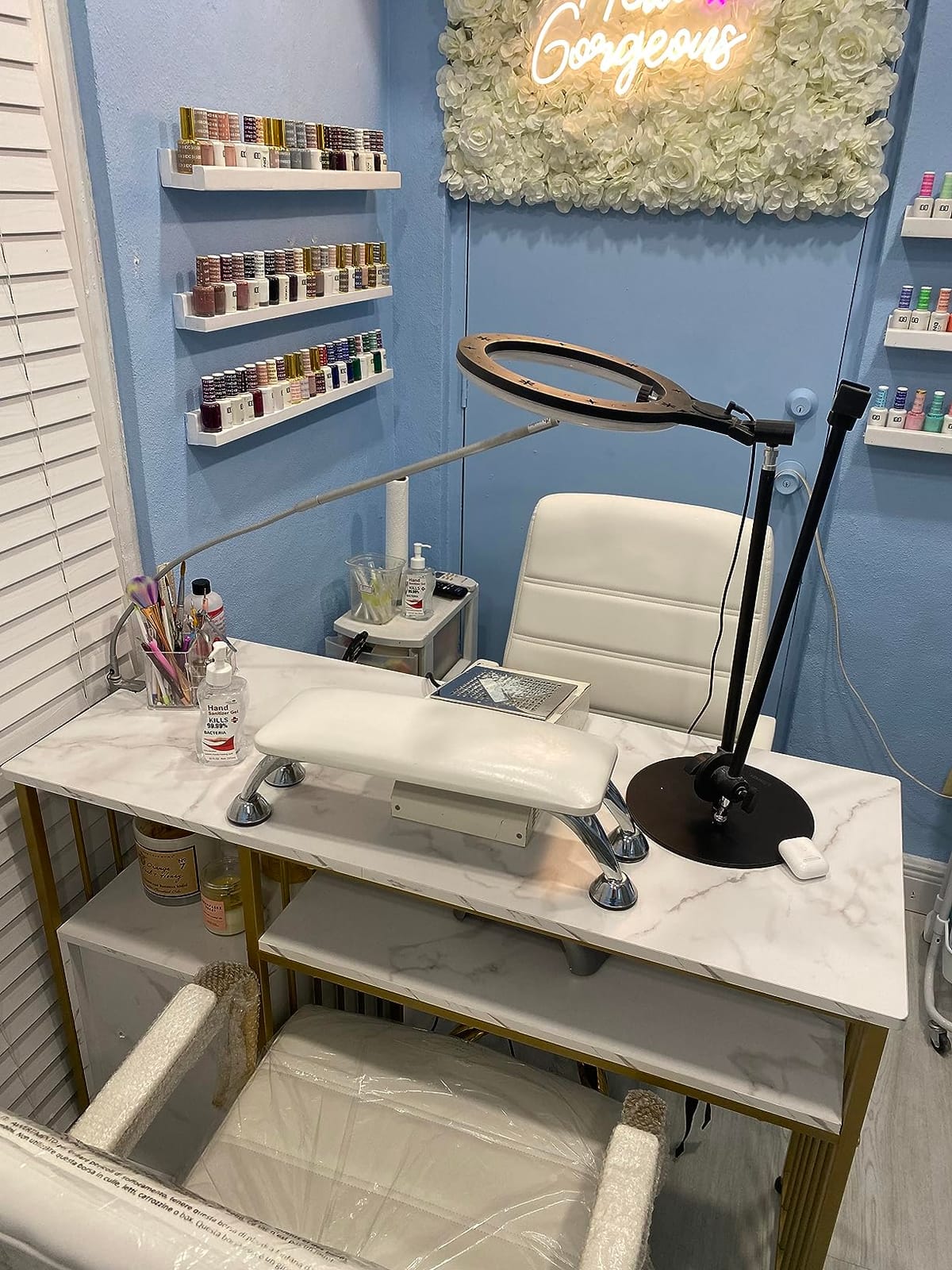 BarberPub Marble Texture Manicure Table for Storage, Gold Metal Frame 2407 customer photo 1