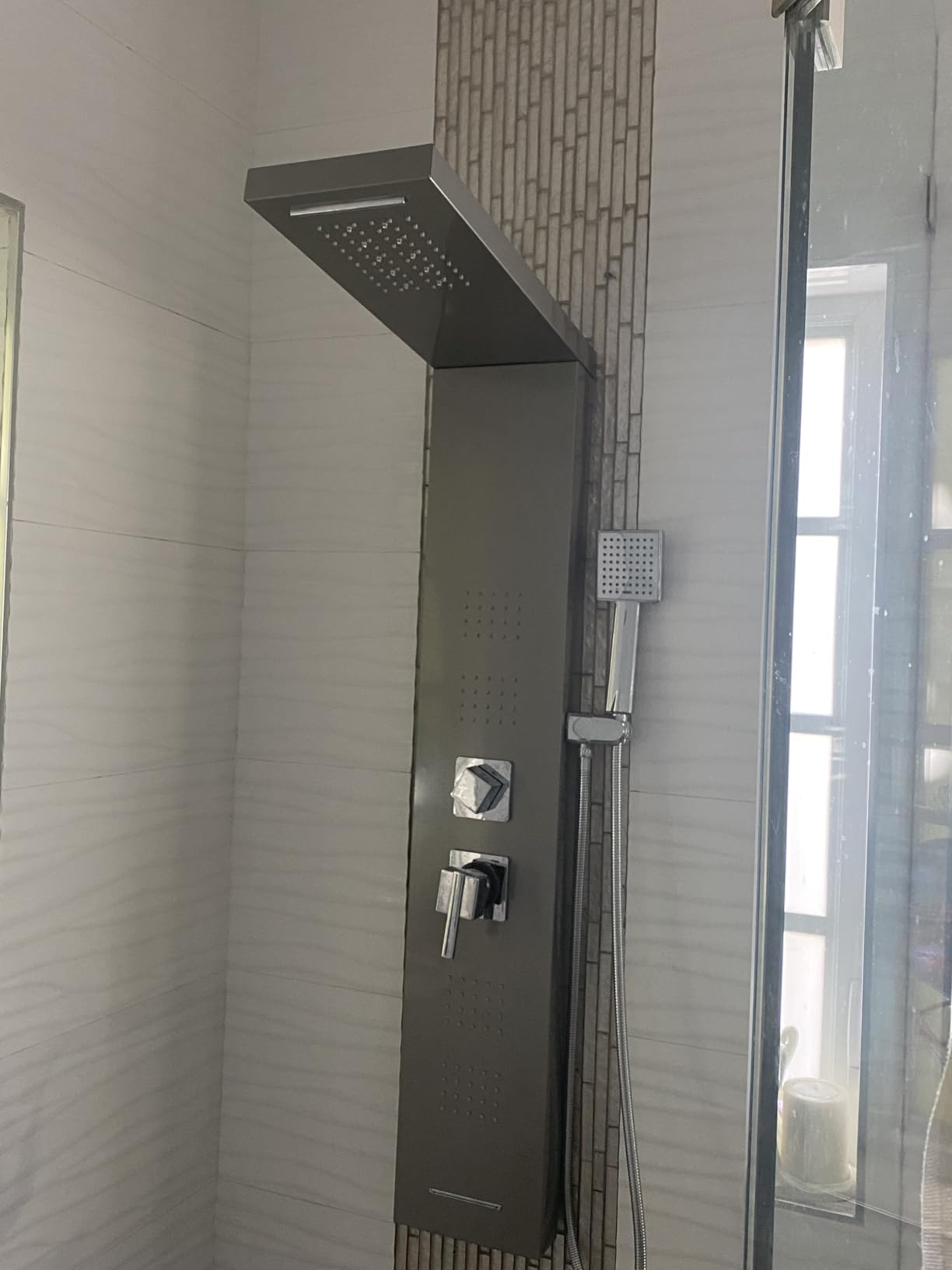 ROVOGO LED Shower Panel Tower System with Lights, 5 Shower Modes, 46.5 Inch | Rainfall Waterfall Shower Head, 4 Body Jets, Handheld and Tub Spout, Stainless Steel Shower Column with Brass Valves, Brushed customer photo 1