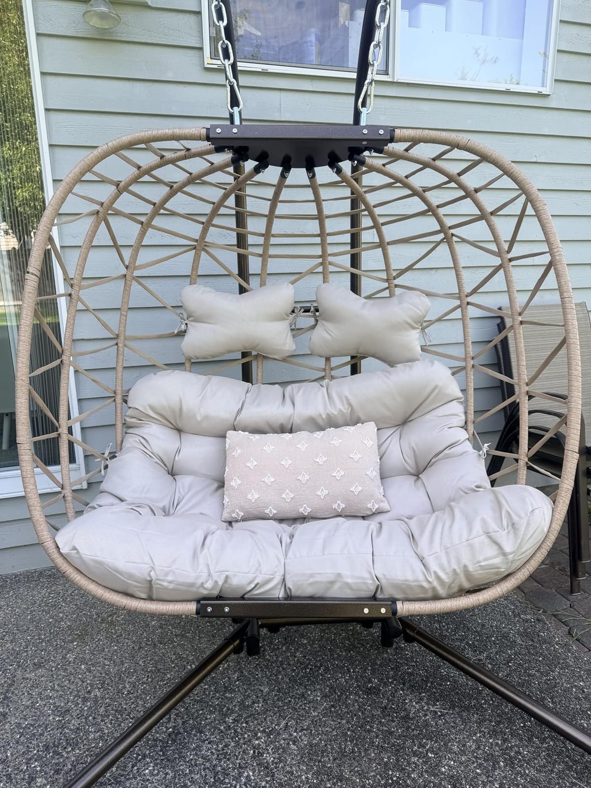 NICESOUL Double Swing Egg Chair with Stand, Extra Large 2 Person Indoor Outdoor Wicker Loveseat, Oversized Patio Hanging Basket Chair with Cushions, Cozy Sturdy Porch Swing for Backyard Balcony, Beige customer photo 2