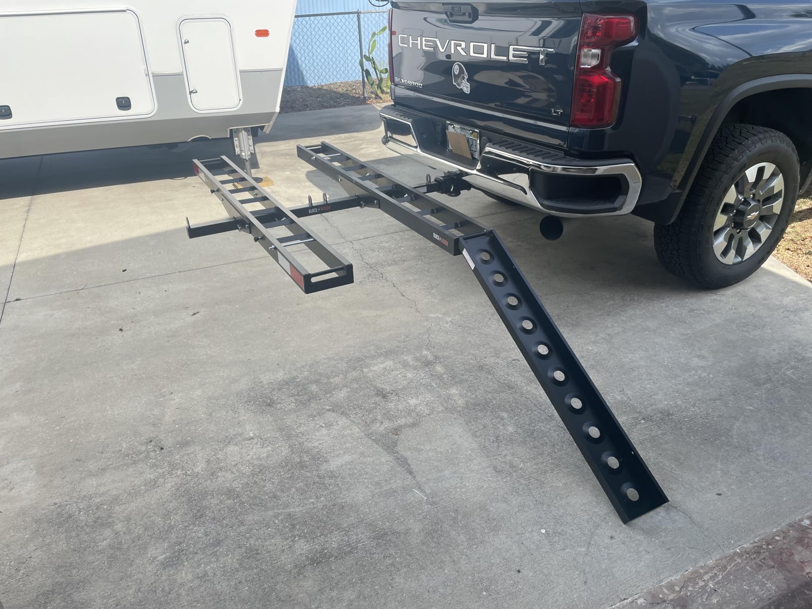 Black Widow Double Motorcycle Bike Hitch Carrier, Loading Ramp, 600 lb | Anodized, rust-resistant aluminum, anti-rattle, anti-wobble, fits 2