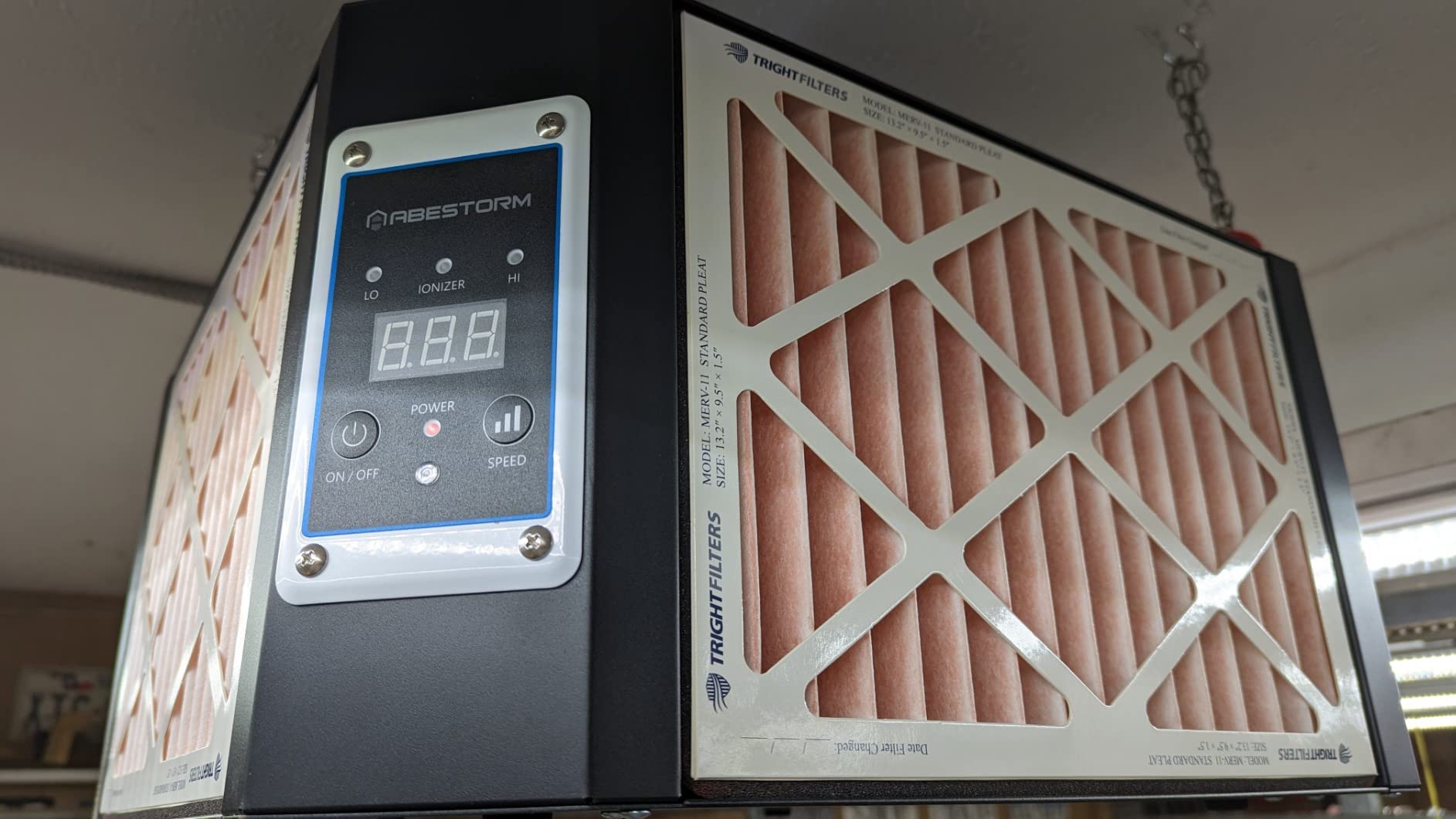ABESTORM Air Filtration System Woodworking Built-in Ionizer, 1350CFM Hanging Air Filter with Strong Vortex Fan, 360 Degree Intake, Shop Dust Collector for Woodworking, Garage WorkShop, DecDust 1350IG customer photo 1