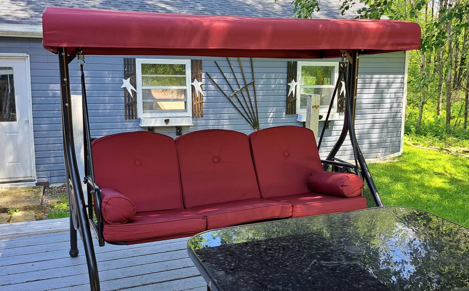 NOBLEMOOD Patio Porch Swing, 3-Seat Outdoor Swing with Adjustable Canopy | Porch Swing Bed with Foldable Side Tray, Removable Fabric Cushions, Pillow for Patio, Backyard customer photo 1