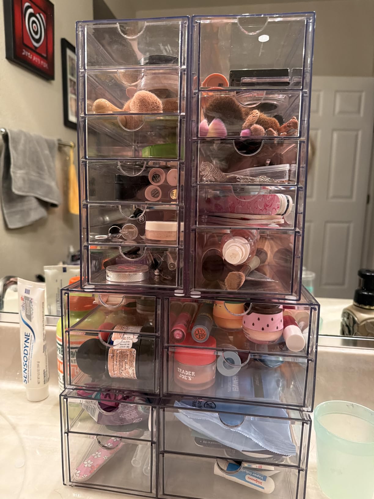 caktraie 4-Pack Acrylic 16-Drawer Storage & Makeup Organizer for Desk | Smooth-glide drawers, clear acrylic, stackable, dustproof, wipe clean, for office supplies, pens, jewelry, makeup customer photo 1
