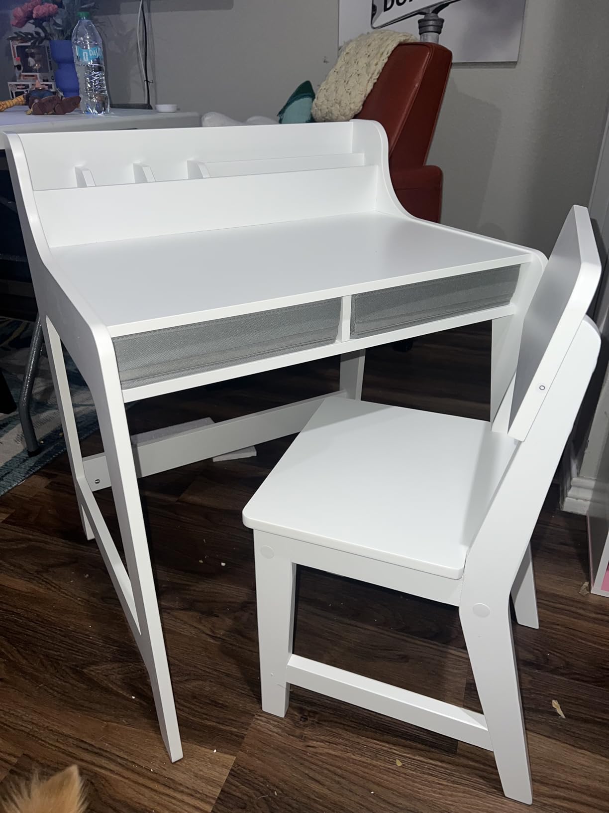 UTEX Wooden Kids Desk and Chair Set with 2 Fabrics Drawers for Study Room | Kids Study Desk with Stand-up Organizer, Solid Wood Legs, Ergonomic Chair, Water-based Paint customer photo 1