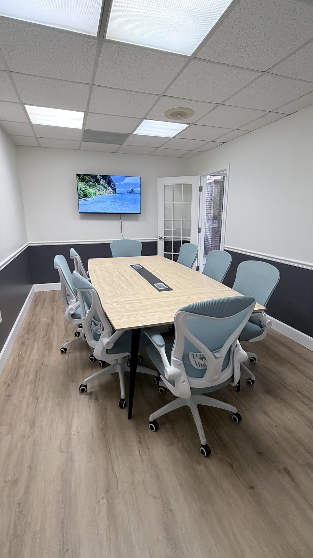 Tribesigns 8FT Conference Table, 94.48L x 47.24W x 29.52H Inches Boat Shaped Meeting Table with Rectangle Grommet, Modern Seminar Boardroom Table for Office Conference Room (8ft, Walnut & Black) customer photo 2