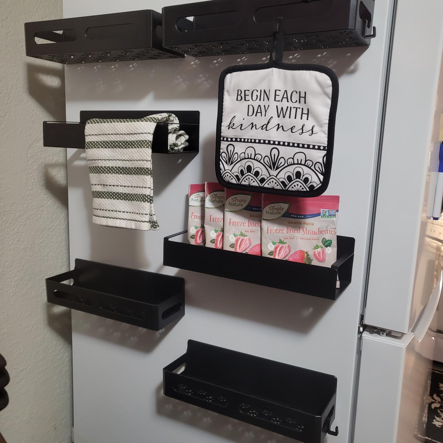 Sevenblue 4-Pack Magnetic Spice Rack for Refrigerator with Hooks, Black | Strong multipurpose magnetic shelf for kitchen & bathroom organization. Includes 4 removable hooks for hanging items. customer photo 2