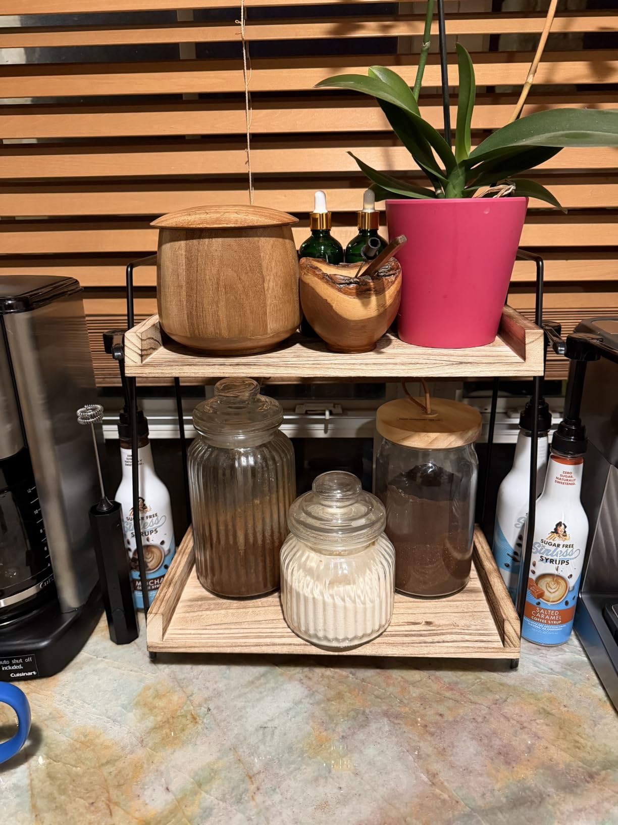 ANBOXIT Countertop Coffee Station Organizer, 2 Tier Wooden Shelf for Coffee Bar Accessories, Condiment Storage Caddy for Kitchen, Home, Office - Brown customer photo 1