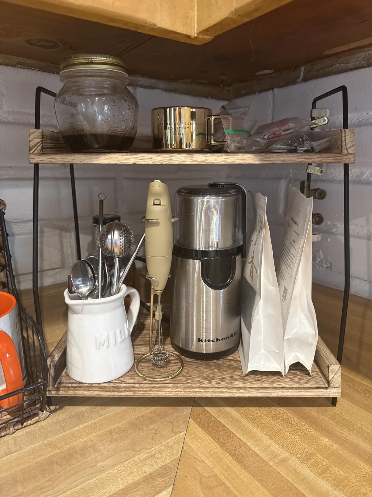 ANBOXIT Countertop Coffee Station Organizer, 2 Tier Wooden Shelf for Coffee Bar Accessories, Condiment Storage Caddy for Kitchen, Home, Office - Brown customer photo 2