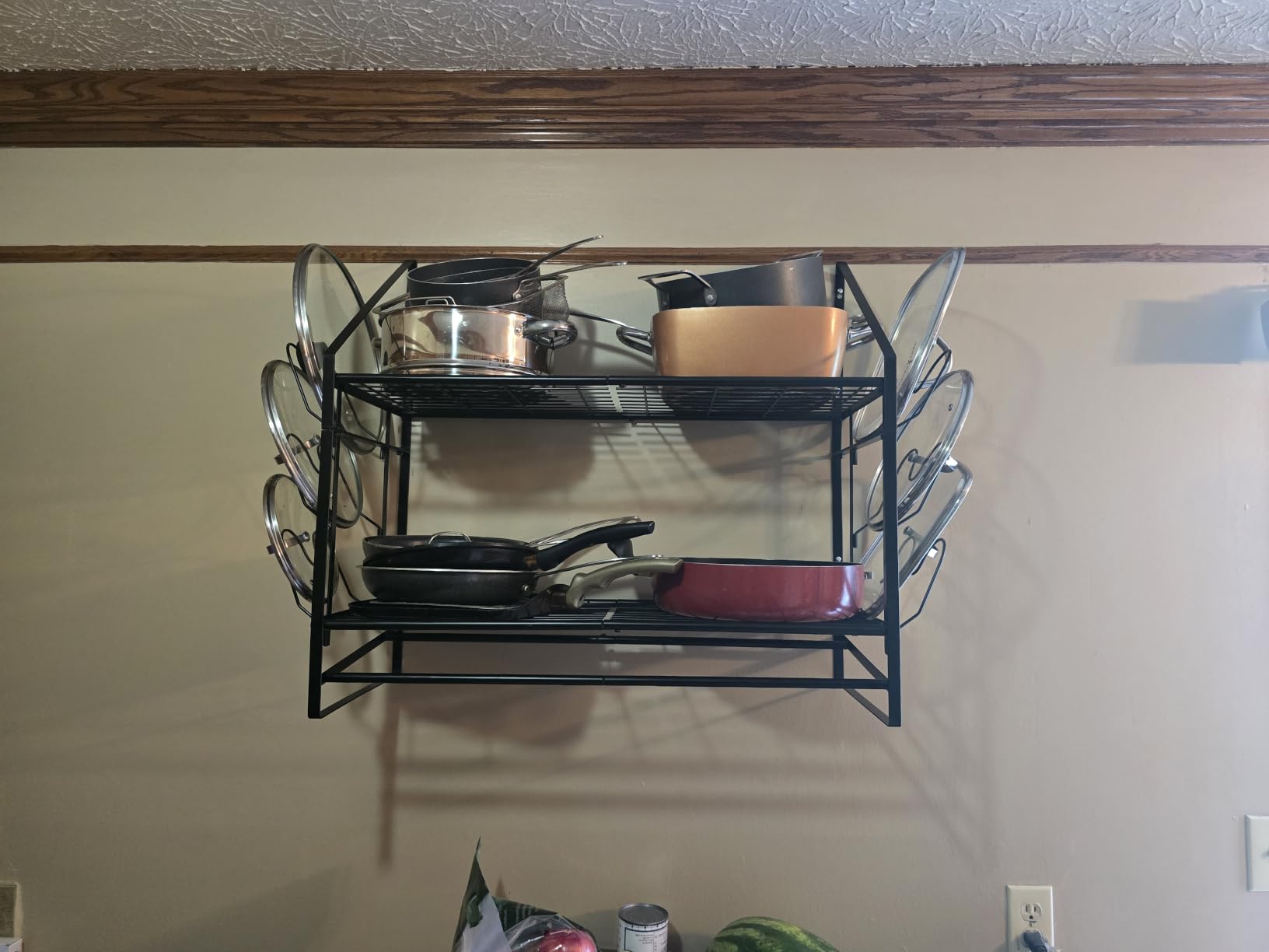VyGrow 28 Inch Pot Rack Wall Mounted, 2 Tier Pots and Pans Organizer with 20 Hooks and 6 Pot Lid Holders, Heavy Duty Steel Pot and Pan Hanger for Kitchen Cookware Utensils Storage customer photo 1