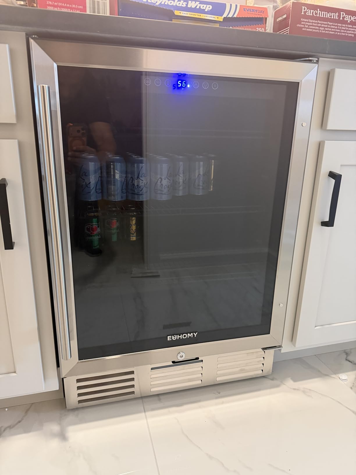 EUHOMY 24 Inch Beverage Refrigerator, 180 Can Under Counter Refrigerator | 37°F-65°F, Compressor Cooling, Built-in or Freestanding, Removable Shelves, Bar Office Kitchen Use, LED Light, Glass Door customer photo 1