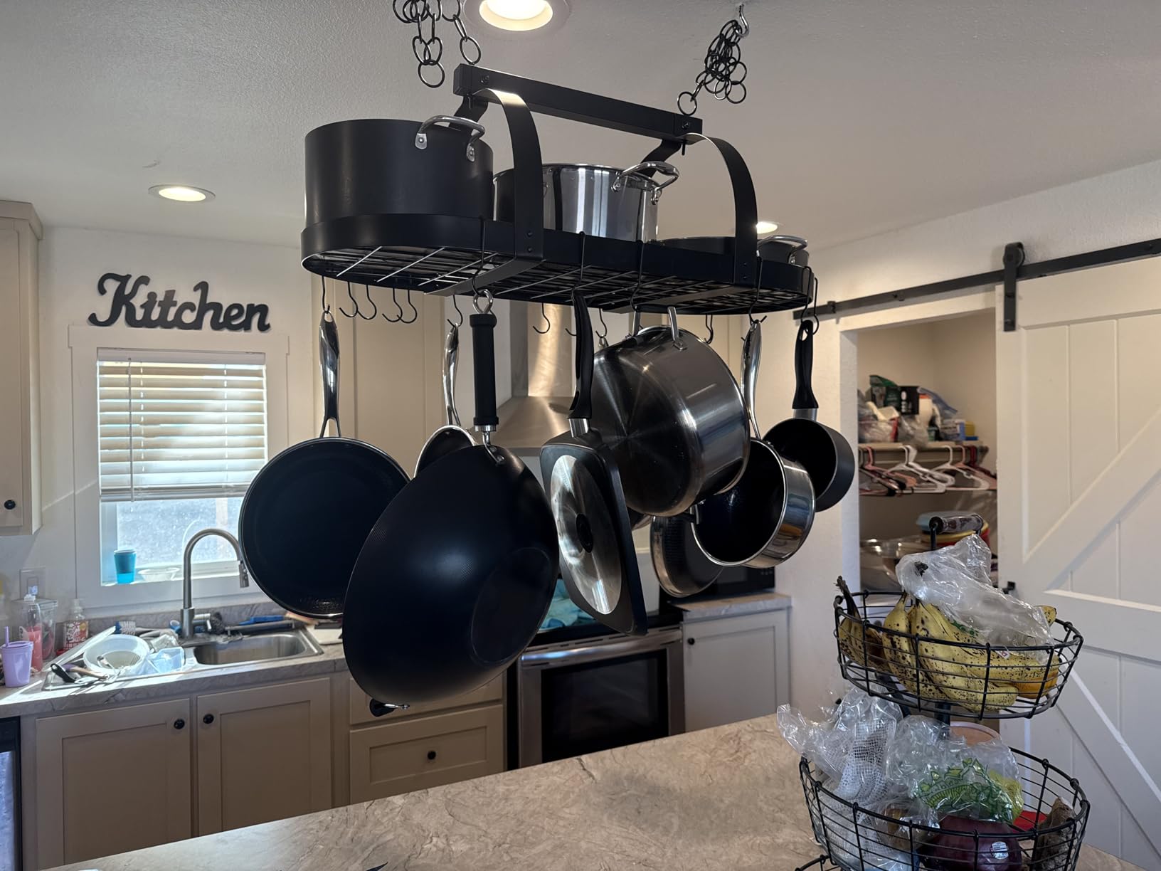 KES 48 Inch Large Hanging Pot Rack, Heavy Duty Oval Pot and Pan Hanging Rack Ceiling Mount, Pot Pan Hangers for Kitchen with 20 Hooks, Matte Black, (For 16