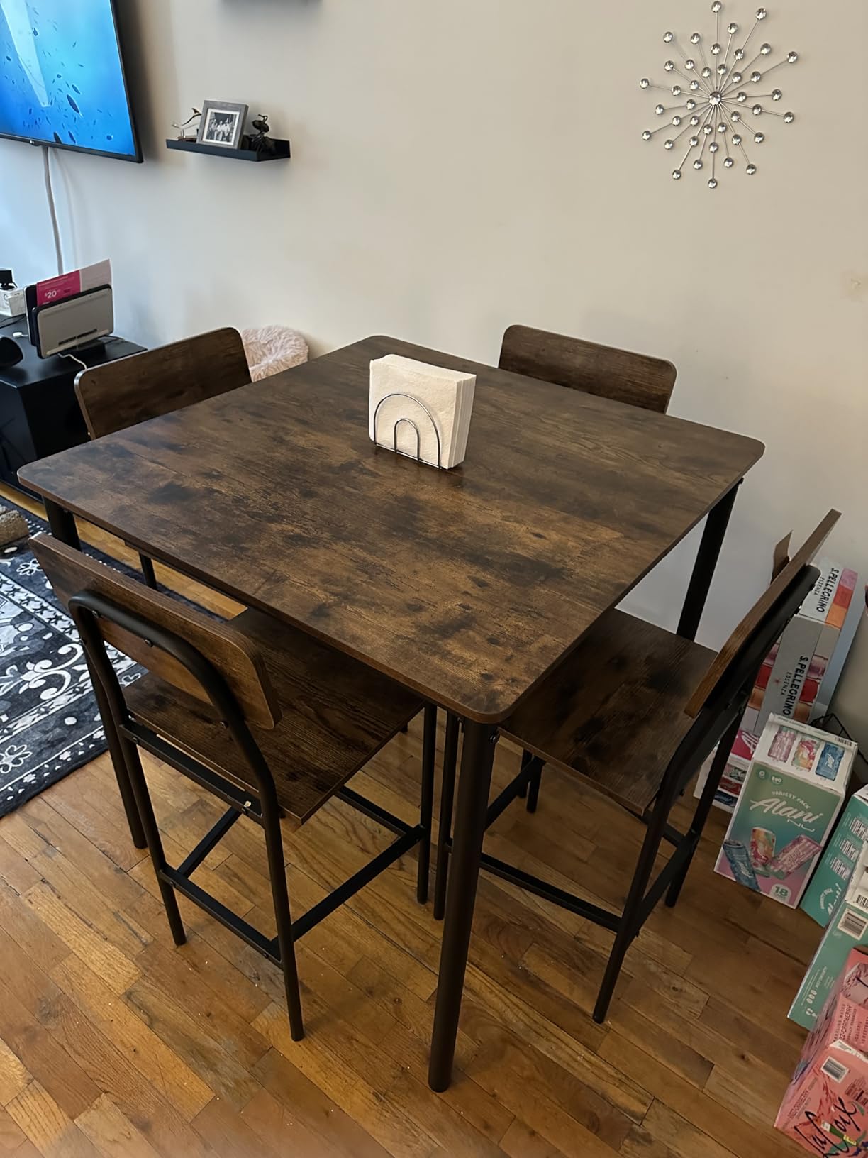 Giantex 5-Piece Dining Table Set W/Counter Height Table & 4 Bar Stools, Industrial Kitchen Dining Set W/Footrest & Backrest, Space-Saving Dinette Set for Pub, Dining Room, Restaurant (Mix Brown) customer photo 1