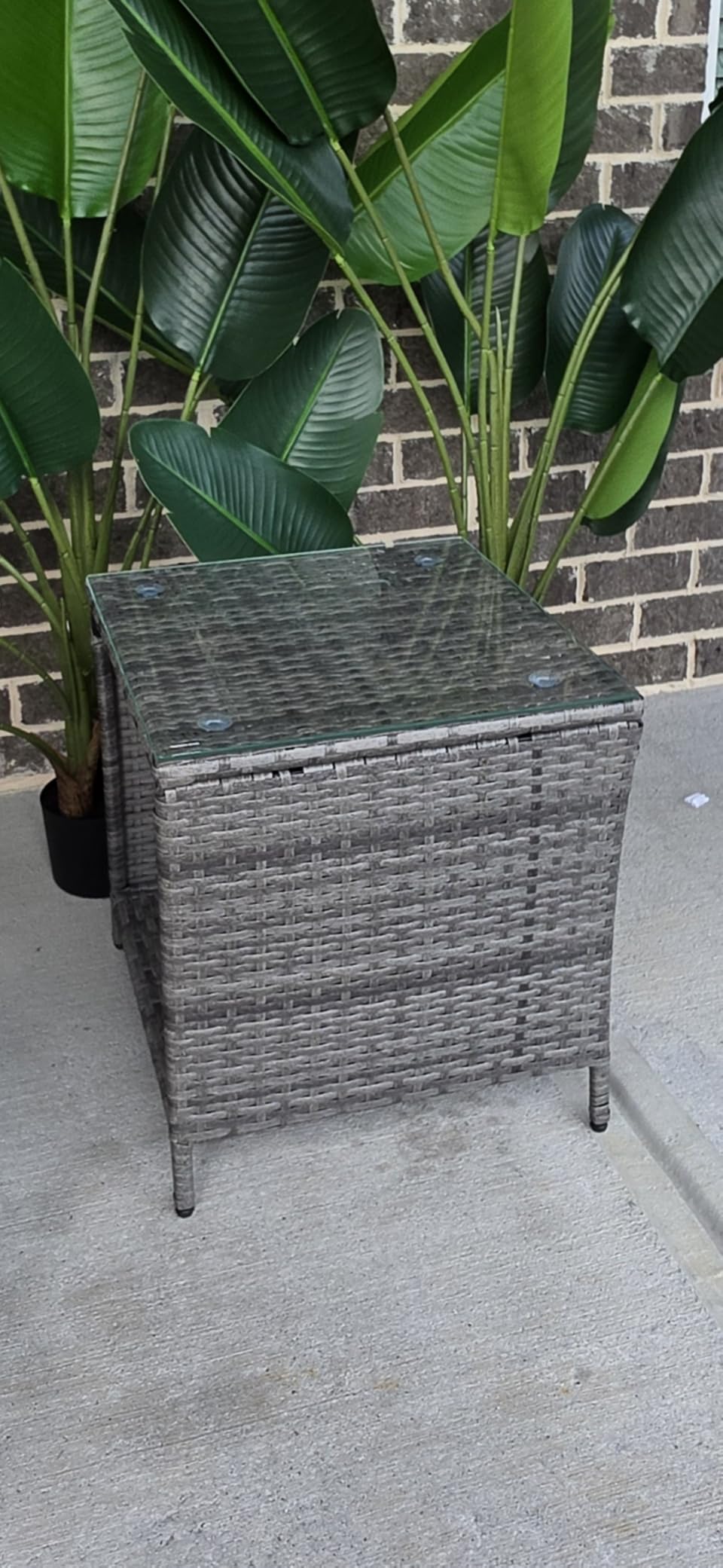 VINGLI Outdoor Wicker Side Table Patio Side Tables for Outside, Tempered Glass Top Wicker Table with Storage End Table for Balcony Porch Deck (Brown) customer photo 2