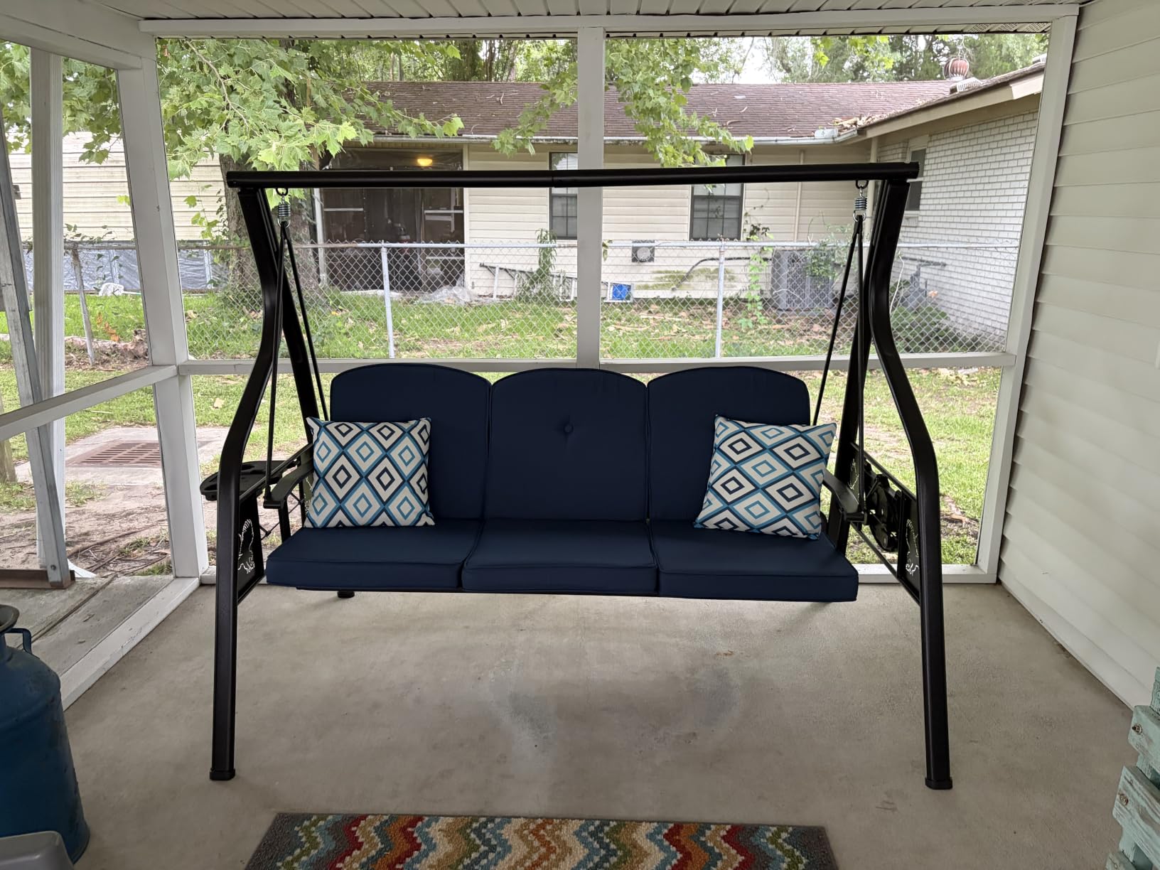 ZZW 3-Seat Outdoor Porch Swing with Stand, Patio Swing with Canopy, 2 in 1 Porch Swing Bed & Patio Swing Chair for Adult, Yard Swing w/Extra Pillows and Cup Holder (Red) customer photo 2