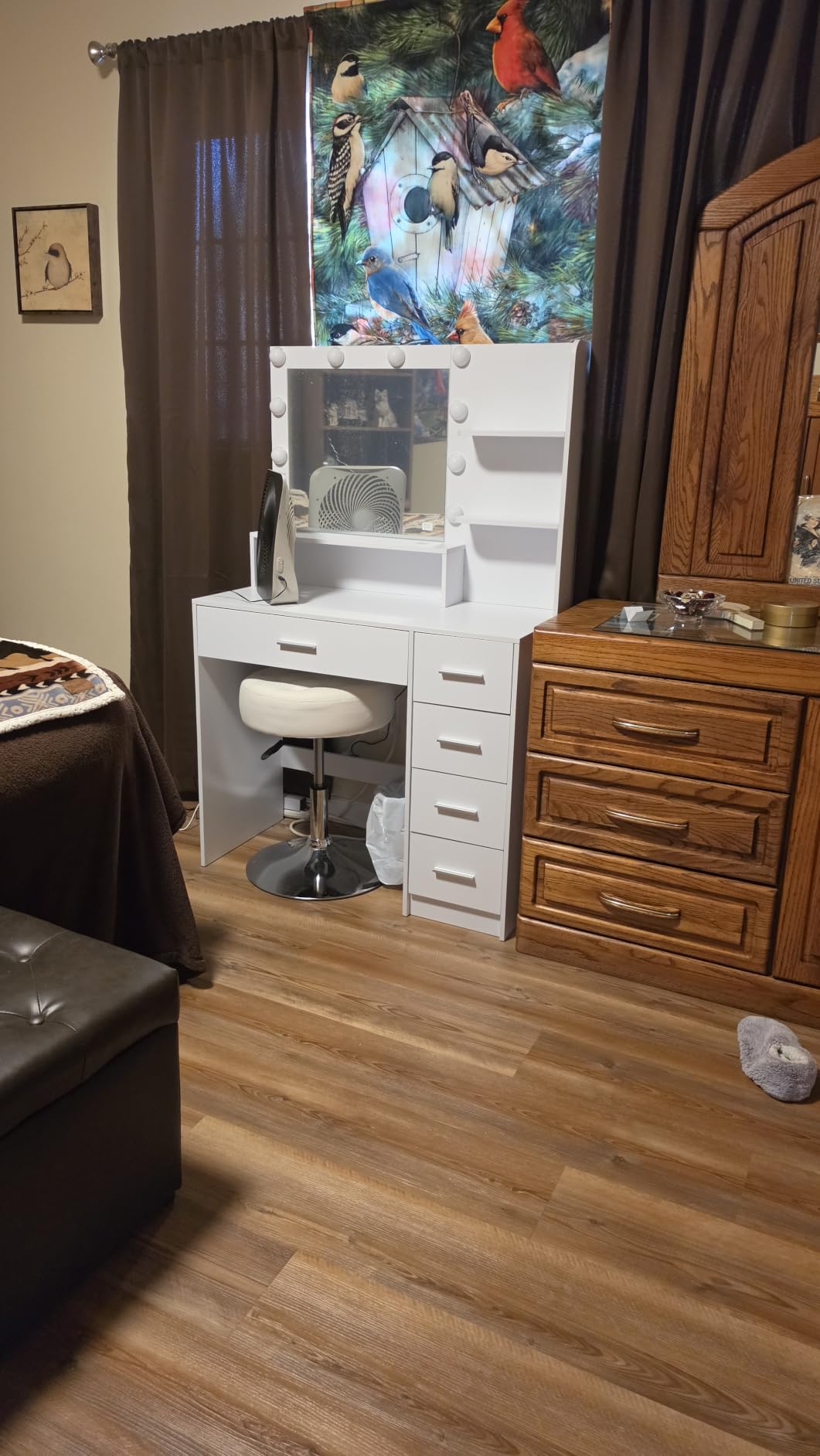 Quimoo Vanity Desk with Mirror & Lights, Makeup Vanity with 5 Drawers & Storage Shelves, White Vanity Table, 3 Color Modes & Adjustable Brightness, Dressing Table, Bedroom customer photo 2