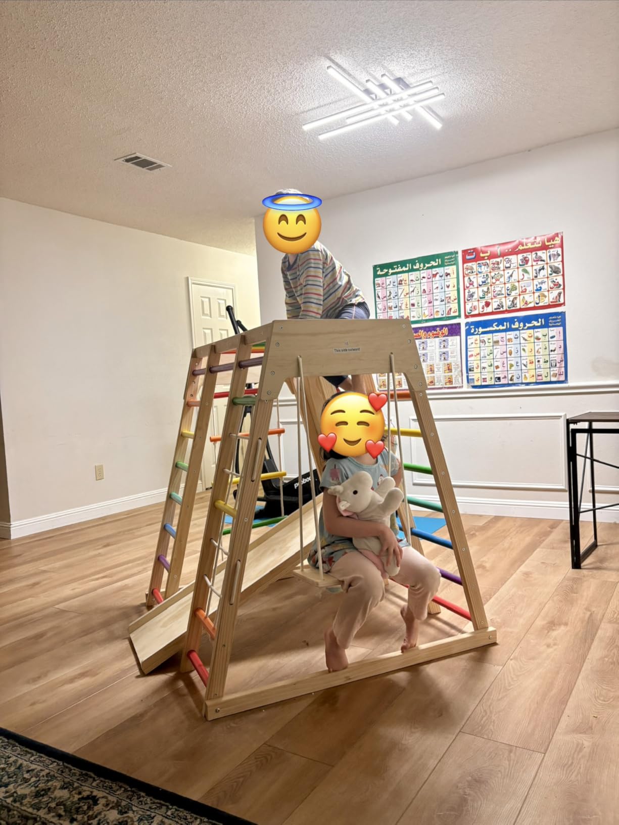 9-in-1 Pikler Jungle Gym Playset, Wooden Montessori Climber Kids | Pikler Playset with Slide, Rock Climb Wall, Monkey Bars, Rope Ladder, Climbing Rope and Swing for Kids (Rainbow) customer photo 2