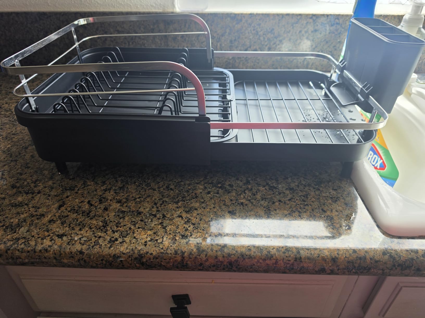 SNTD Expandable Dish Drying Rack for Kitchen Counter, 15.2-22.1 in, Black | Rust-Resistant Stainless Steel, Protective Side Rails, Self-Draining Drainboard, Removable Utensil Holder customer photo 1