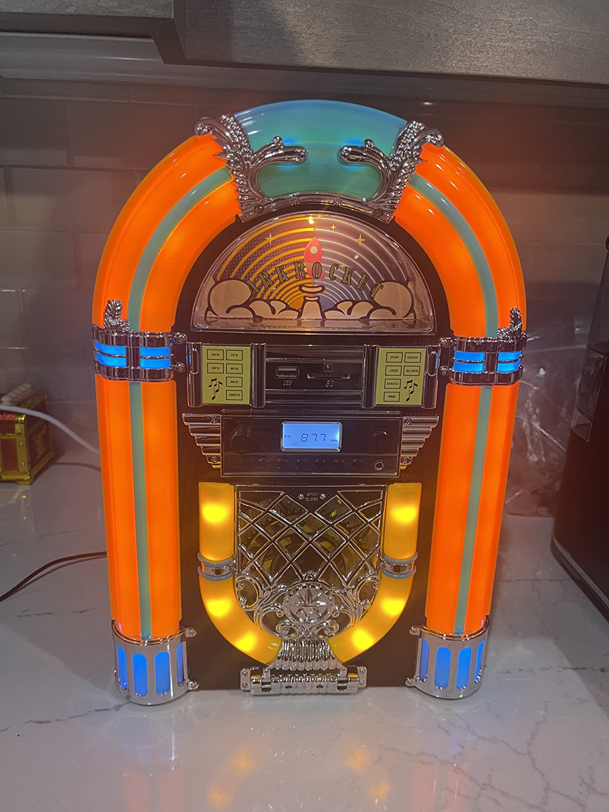 Arkrocket Athena Mini Jukebox/Tabletop CD Player/Bluetooth Speaker/Radio/USB and SD Card Player with Retro LED Lighting System (Black Golden) customer photo 2
