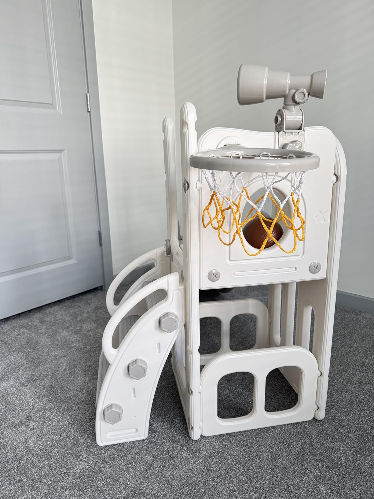 Babytronic 6-in-1 Toddler Slide for Kids 1-3, Baby Indoor Climber Playset with Basketball Hoop & Telescope, L-Shaped Toddler Outdoor Playground Support 160 lbs Easy Assembly, White & Gray customer photo 1