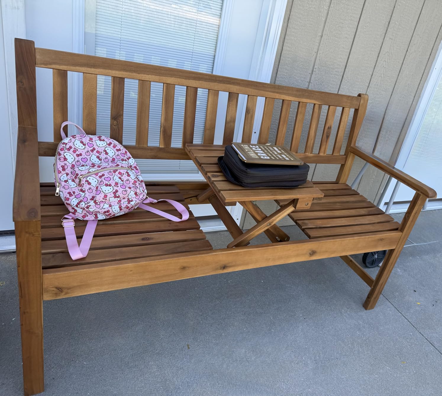 Devoko Acacia Wood Outdoor Bench, 2-Person Garden Bench with Pull-Out Table, Sturdy Patio Bench with Height-Adjustable Table customer photo 2