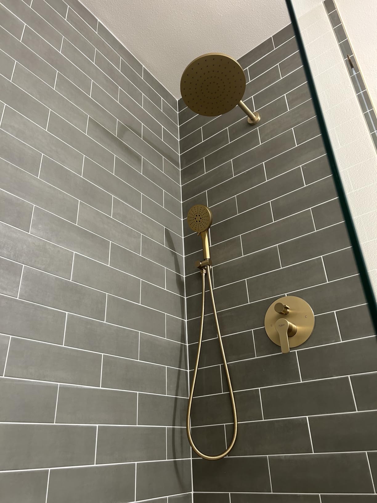 Iriber Thermostatic Shower System Wall Mount with 10 Inch Roud Rainfall Shower Head and Handheld, Shower Faucet Mixer Trim Kit (Valve Included), Brushed Gold customer photo 2