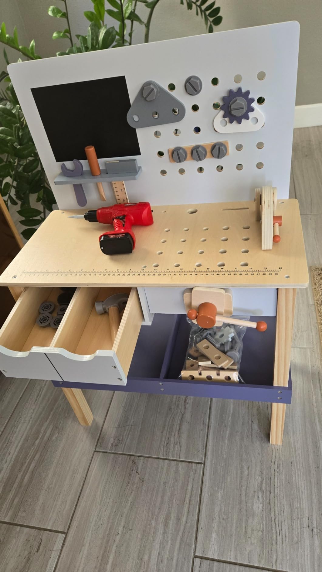 Wooden Tool Bench for Kids with Electric Drill, Drawers & Lower Shelf | Toy Workbench with Play Tools Set, Pretend Building Workshop for Boys and Girls, Creative Construction Gift for Ages 3+ customer photo 1