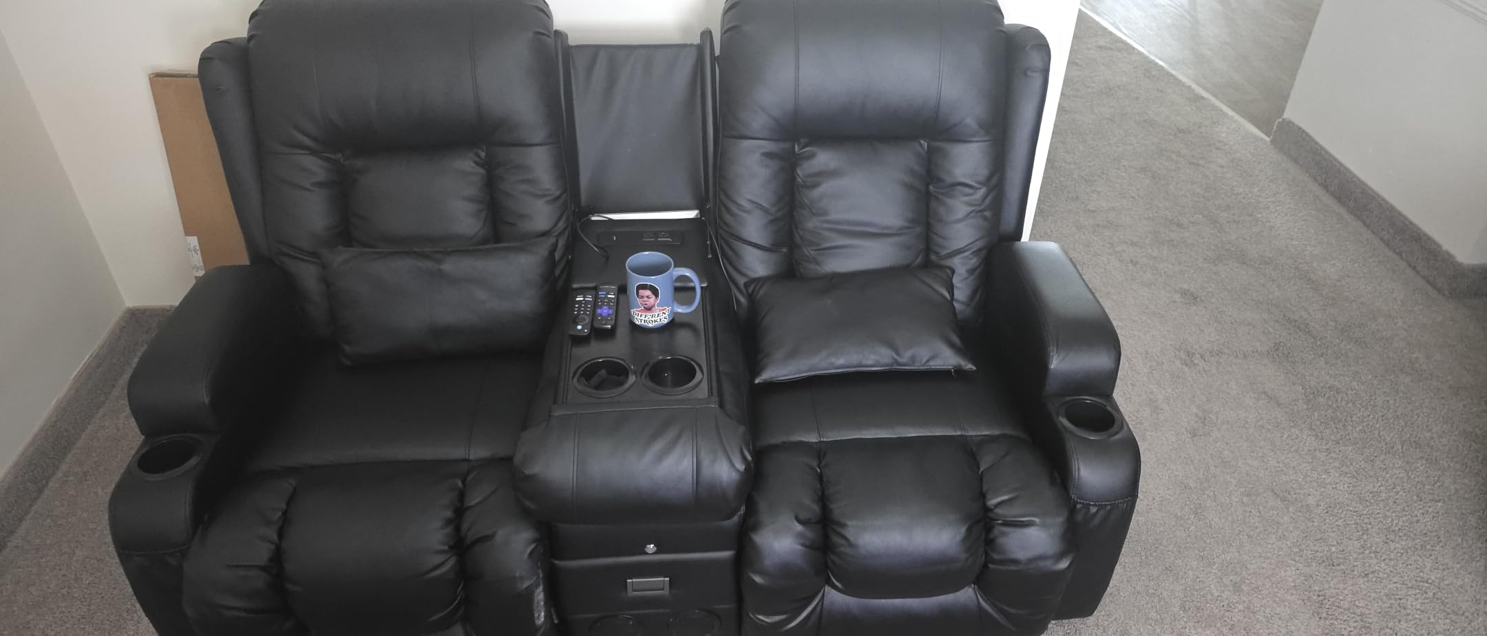 URRED Power Loveseat Recliner Sofa with Massage and Heat, Black | Wall Hugger Reclining Loveseat with Console, RV Couch Home Theater Seating with LED Lights for Living Room, Faux Leather customer photo 1