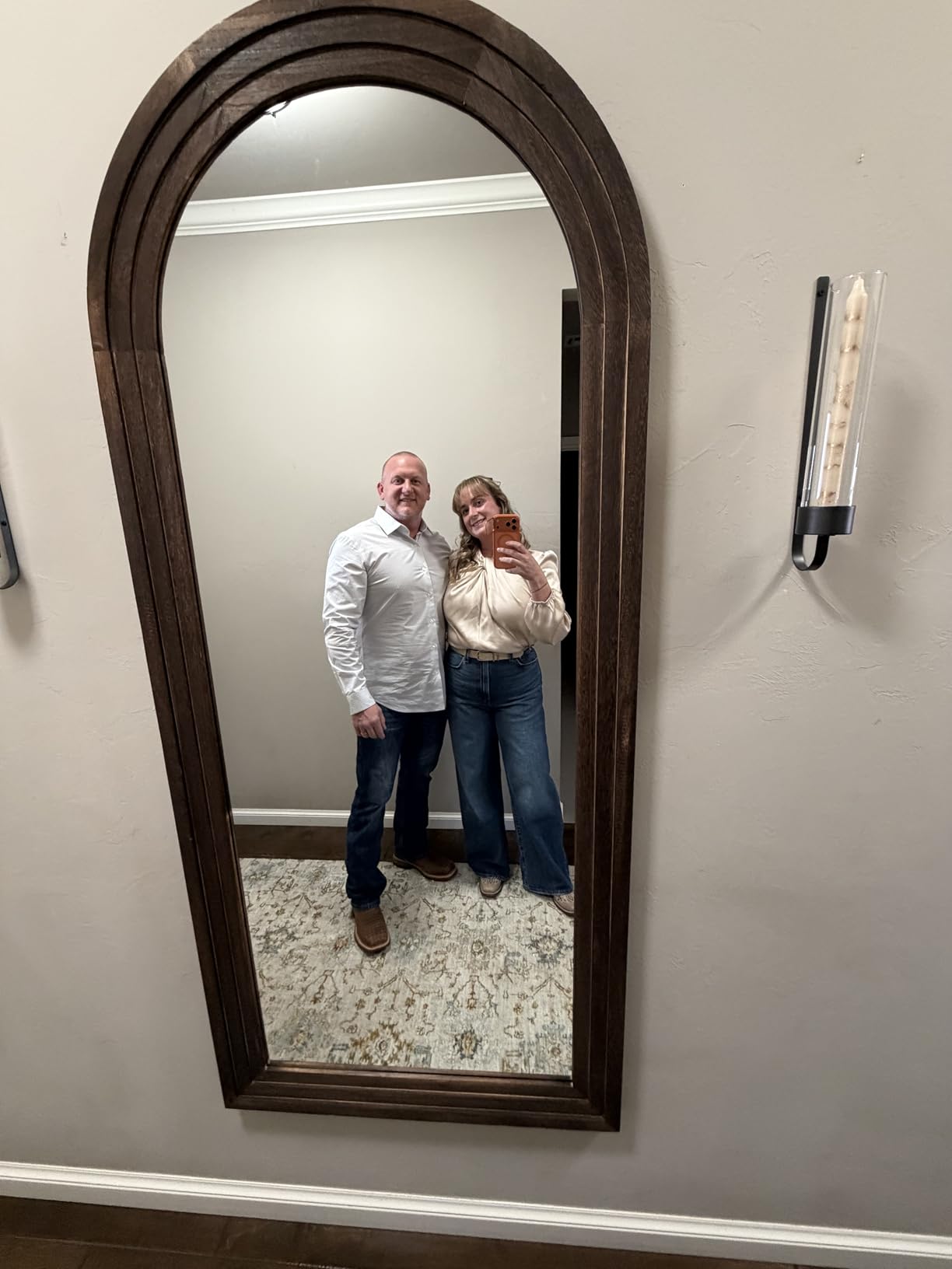 ZHUNFA Arched Full Length Mirror with Solid Wood Frame | 71x32 Farmhouse Wall Mounted Floor Mirror with Stand, Vertical Hanging, Leaning Standing for Bedroom, Living Room, Brown customer photo 1