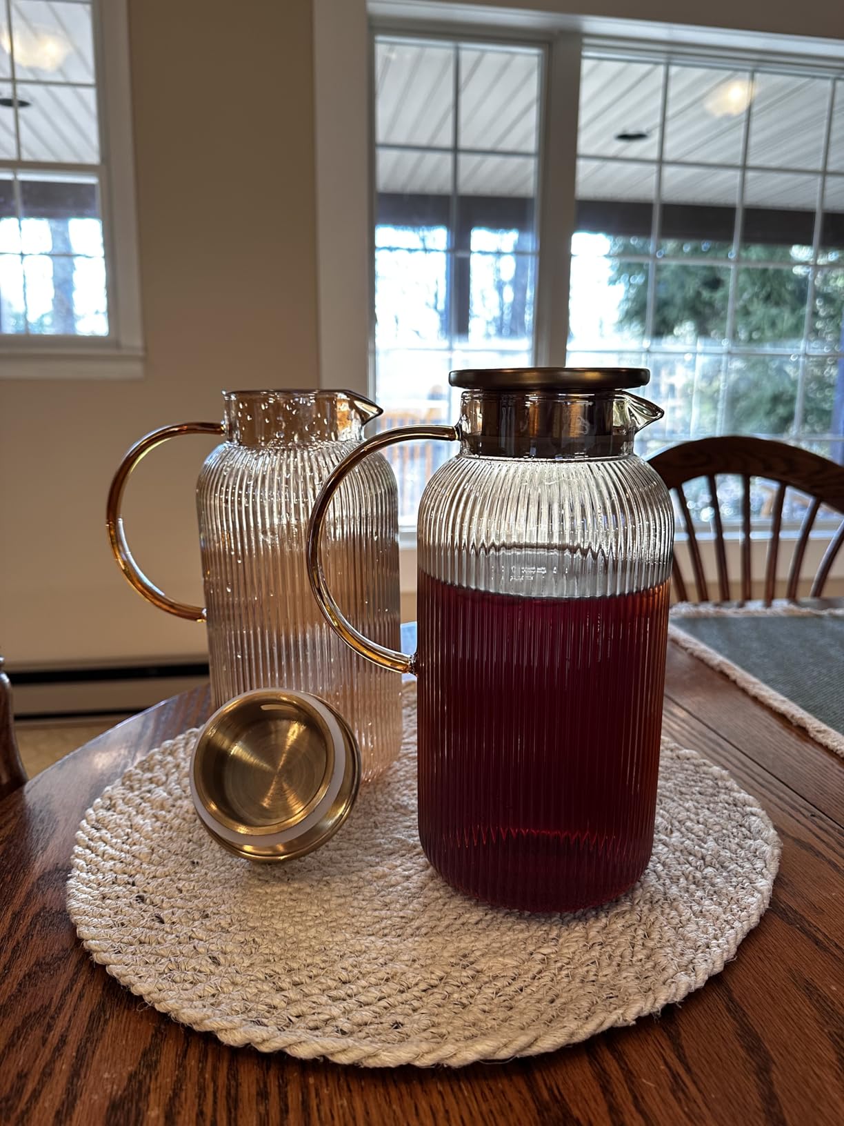 Buaic 2 PACK Glass Pitcher with Lid, 68 oz Glass Carafe with Silicone Base | 2L Classic Vertical Stripes Glass Water Jug with Handle, Glass Water Carafe for Cold Brew, Milk, Iced Sun Tea, Beverage, Cold/Hot customer photo 1