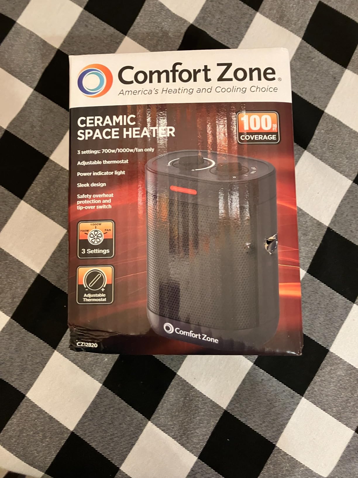 Comfort Zone Ceramic PTC Desktop Space Heater with Thermostat | 2 heat settings (700W/1000W) and a fan-only mode provide versatile comfort using an efficient PTC heating element. customer photo 1