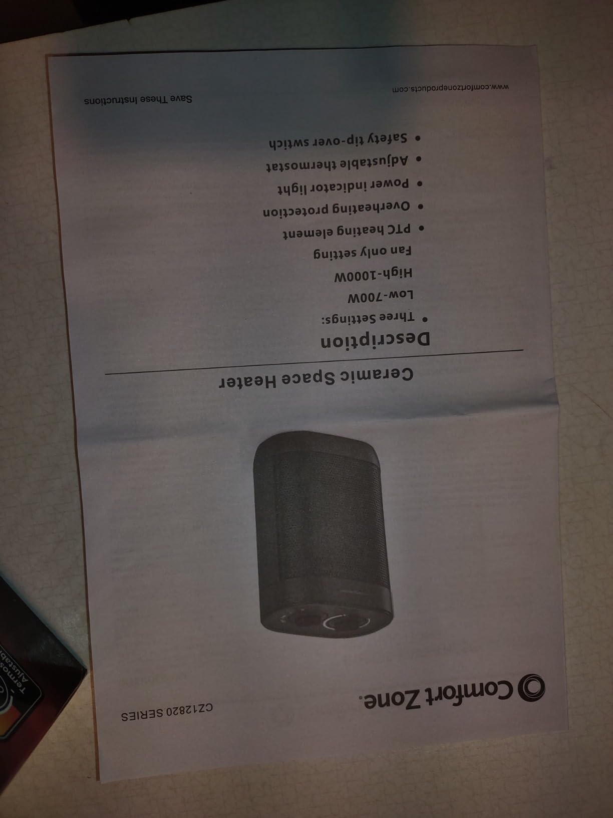 Comfort Zone Ceramic PTC Desktop Space Heater with Thermostat | 2 heat settings (700W/1000W) and a fan-only mode provide versatile comfort using an efficient PTC heating element. customer photo 2