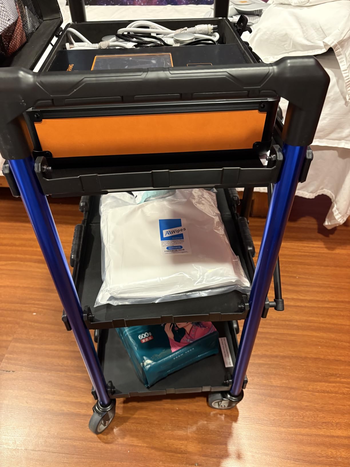 WORKPRO 3-Tier Collapsible Utility Cart, 210 LBS Cart with Wheels | No Assembly Required, Foldable Service Cart with Spacious Shelves for Garage, Warehouse, Office & Home Use, Black/Blue customer photo 1