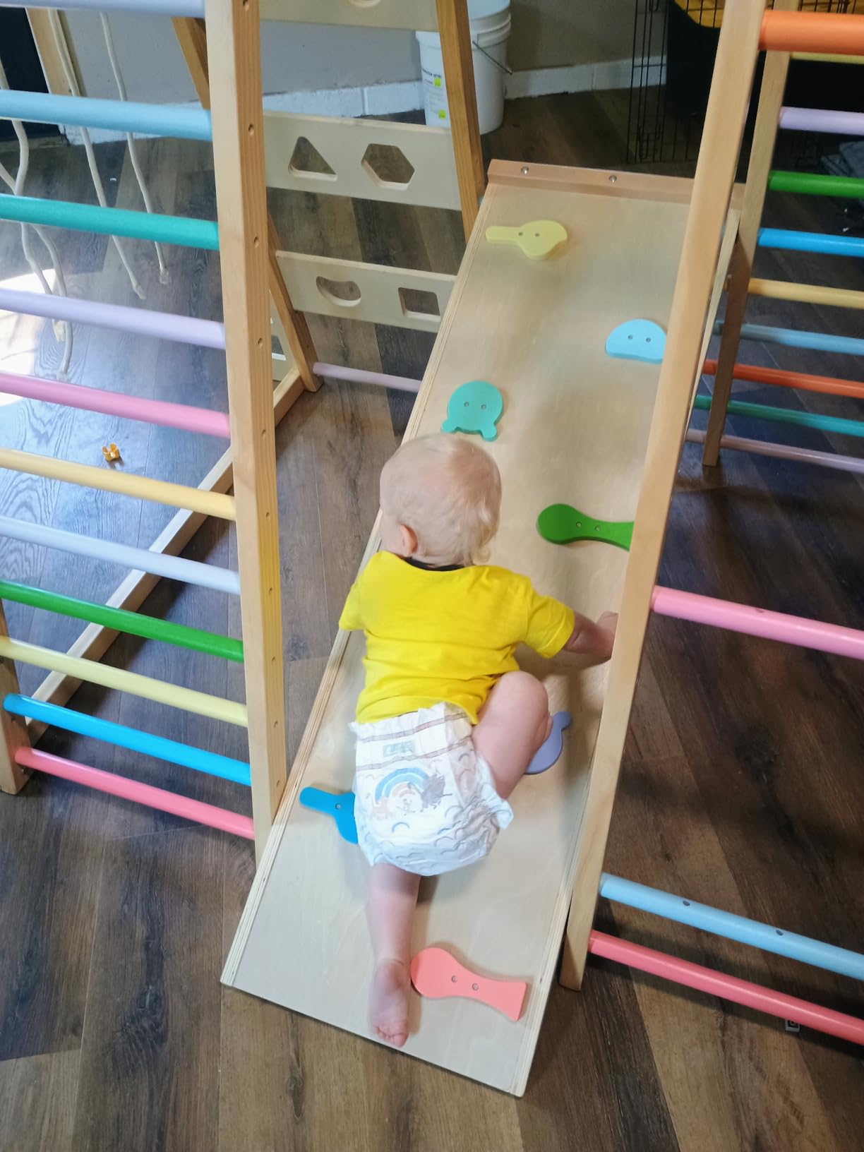 BlueWood Upgraded Indoor Jungle Gym 9-in-1 Playground Kids Climbing Toys | Waldorf Style Wooden Climber Playset with Slide, Swing, Monkey Bars, Upright/Rope Ladder, Climb Net, Rainbow customer photo 1